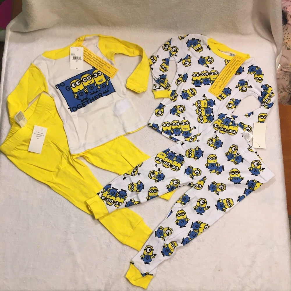 Minions Pajama Set Kids 4T Yellow White‎ NEW 4-Piece Long Sleeve Snug Fit PJs